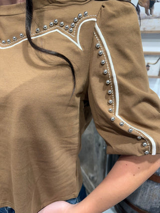 Brown Studded Western Puff Sleeve Top - Barbwire n Bougie Boutique