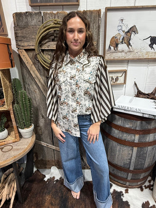 Buckin’ Bandana Western Stripe Sleeve Button Down - Barbwire n Bougie Boutique