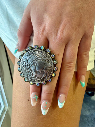 Buffalo Nickel Bison Statement Ring | Western Rhinestone Adjustable Ring - Barbwire n Bougie Boutique