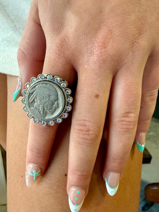 Buffalo Nickel Indian Head Coin Statement Ring | Western Rhinestone Adjustable Ring - Barbwire n Bougie Boutique