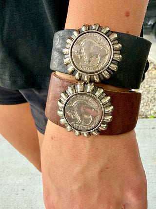 Buffalo Nickel Leather Cuff Bracelet- 2 Colors - Barbwire n Bougie Boutique