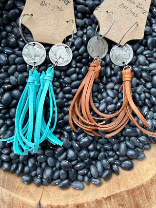 Buffalo Nickel Leather Tassel Hoop Earrings – Turquoise or Brown Western Fringe - Barbwire n Bougie Boutique
