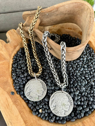 Buffalo Nickel Pendant Heavy Serpentine Chain Necklace- 2 Colors - Barbwire n Bougie Boutique