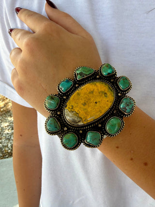 Bumblebee Jasper & Turquoise Leather Cuff Bracelet | Southwestern Statement Cuff - Barbwire n Bougie Boutique