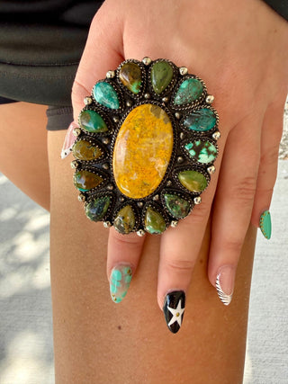 Bumblebee Jasper & Turquoise Statement Adjustable Ring – German Silver - Barbwire n Bougie Boutique