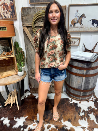 Cactus Bloom Top for Women | Floral Cactus Print Bubble Sleeve Western Top - Barbwire n Bougie Boutique