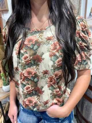 Cactus Bloom Top for Women | Floral Cactus Print Bubble Sleeve Western Top - Barbwire n Bougie Boutique