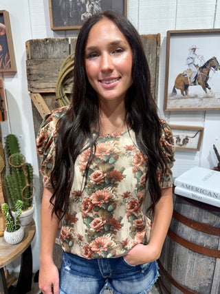 Cactus Bloom Top for Women | Floral Cactus Print Bubble Sleeve Western Top - Barbwire n Bougie Boutique