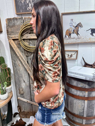 Cactus Bloom Top for Women | Floral Cactus Print Bubble Sleeve Western Top - Barbwire n Bougie Boutique