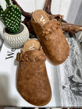 Cali Cognac Very G Midnight Tooled Western Clogs - Barbwire n Bougie Boutique