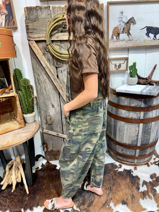 Camo Crush Relaxed Denim Barrel Overalls - Barbwire n Bougie Boutique