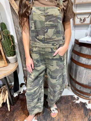 Camo Crush Relaxed Denim Barrel Overalls - Barbwire n Bougie Boutique