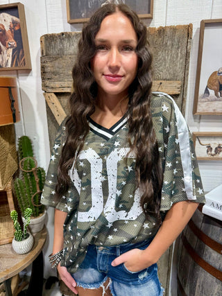 Camo Star Mesh Football Jersey Top | Oversized V-Neck Graphic Jersey - Barbwire n Bougie Boutique