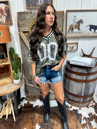 Camo Star Mesh Football Jersey Top | Oversized V-Neck Graphic Jersey - Barbwire n Bougie Boutique