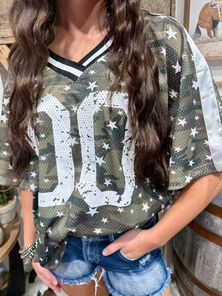Camo Star Mesh Football Jersey Top | Oversized V-Neck Graphic Jersey - Barbwire n Bougie Boutique