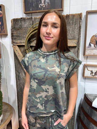 Canyon Camo Ribbed Cap Sleeve Top - Barbwire n Bougie Boutique