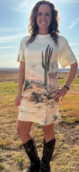 Canyon Sands Cactus T-Shirt Dress for Women | Western Desert Graphic Oversized Dress - Barbwire n Bougie Boutique