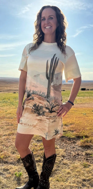 Canyon Sands Cactus T-Shirt Dress for Women | Western Desert Graphic Oversized Dress - Barbwire n Bougie Boutique