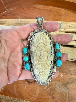 Carved Bone Native Warrior & Turquoise Statement Pendant - Barbwire n Bougie Boutique