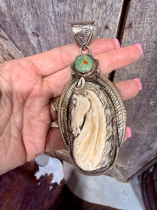 Carved Horse Pendant with Turquoise German Silver(pearls not included) - Barbwire n Bougie Boutique