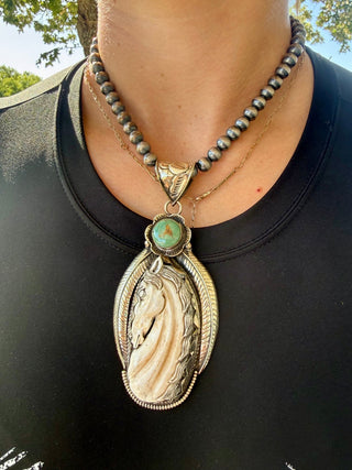 Carved Horse Pendant with Turquoise German Silver(pearls not included) - Barbwire n Bougie Boutique