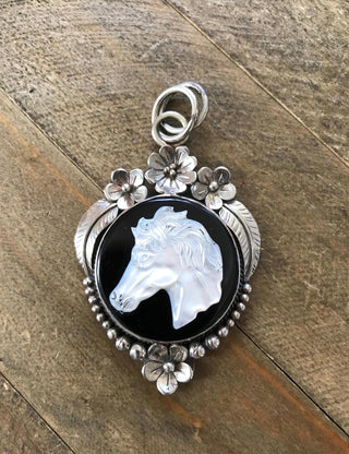 Carved Mother of Pearl Horse Pendant | Western Statement Jewelry- German Silver - Barbwire n Bougie Boutique