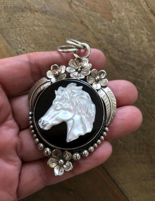 Carved Mother of Pearl Horse Pendant | Western Statement Jewelry- German Silver - Barbwire n Bougie Boutique