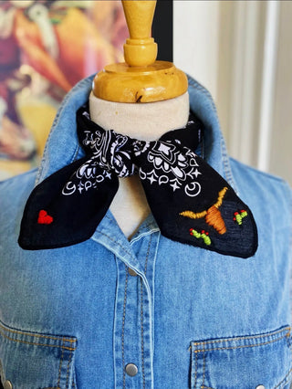 Cattle Call Wild Rag – Black Bandana Silk Scarf with Longhorn Embroidery - Barbwire n Bougie Boutique