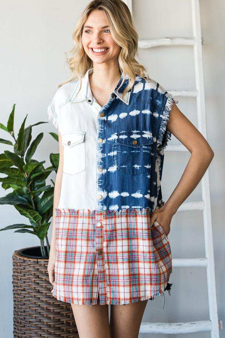 OLI & HALI WASHED DENIM MIX SLEEVELESS PLAID TOP-FINAL SALE !