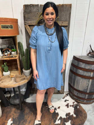 Chambray Puff Sleeve Dress | Tencel Denim Babydoll Dress with Pockets - Barbwire n Bougie Boutique