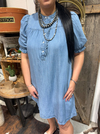 Chambray Puff Sleeve Dress | Tencel Denim Babydoll Dress with Pockets - Barbwire n Bougie Boutique