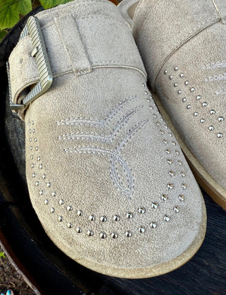 Cheyenne Trails Western Buckle Studded Suede Clogs – Taupe - Barbwire n Bougie Boutique