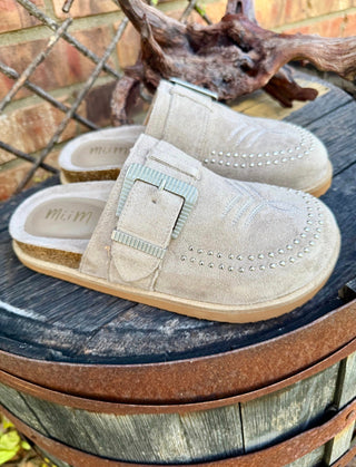 Cheyenne Trails Western Buckle Studded Suede Clogs – Taupe - Barbwire n Bougie Boutique