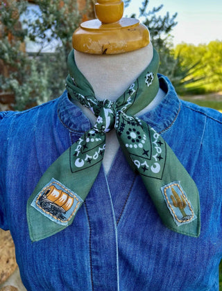 Chisholm Trail Hand Embroidered Wild Rag – Olive Green Western Bandana Scarf - Barbwire n Bougie Boutique