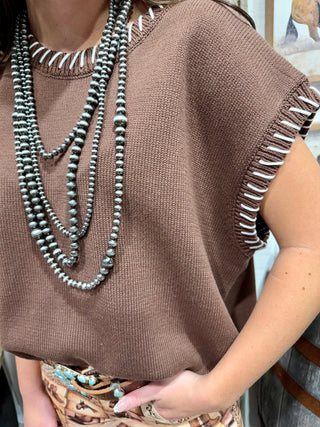 Chocolate Brown Saddle Stitch Mom Crop Sweater - Barbwire n Bougie Boutique