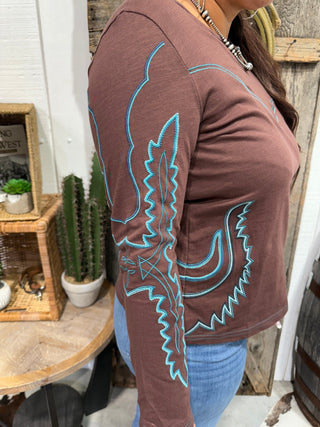 Chocolate Western Embroidered Long Sleeve Top – Turquoise Stitch Rodeo Graphic Tee - Barbwire n Bougie Boutique