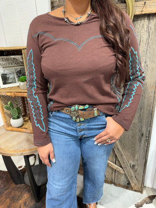 Chocolate Western Embroidered Long Sleeve Top – Turquoise Stitch Rodeo Graphic Tee - Barbwire n Bougie Boutique