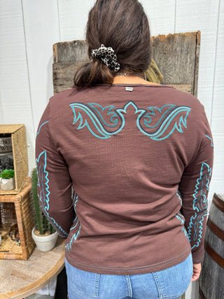 Chocolate Western Embroidered Long Sleeve Top – Turquoise Stitch Rodeo Graphic Tee - Barbwire n Bougie Boutique