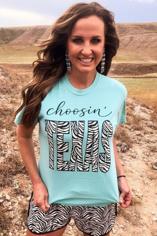 Choosin’ Texas Zebra Graphic T-Shirt – Western Style Teal Tee for Women - Barbwire n Bougie Boutique