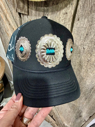 Concho Cowgirl Cattle Brands Black Trucker Hat - Barbwire n Bougie Boutique
