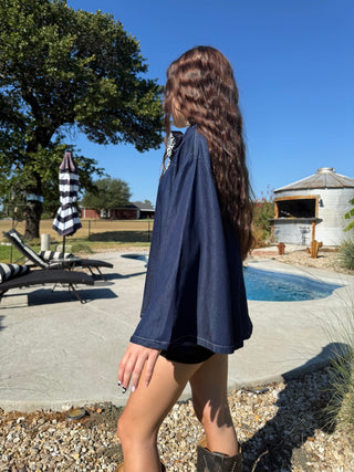 Concho Cowgirl Denim Poncho Cape Top- One Size-NFR - Barbwire n Bougie Boutique