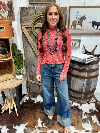 Coral Bucking Horse Mesh Mock Neck Top - Barbwire n Bougie Boutique