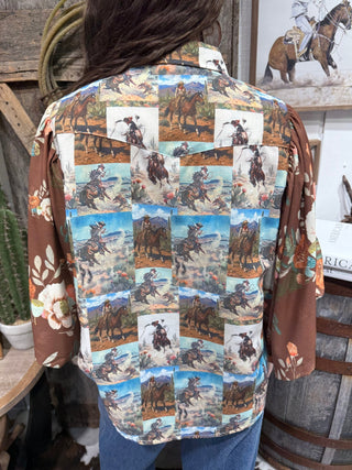 Cowboy Postcard Floral Flutter Sleeve Western Button Down - Barbwire n Bougie Boutique