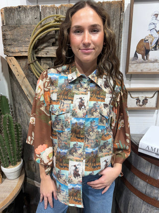 Cowboy Postcard Floral Flutter Sleeve Western Button Down - Barbwire n Bougie Boutique