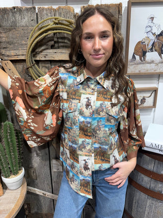 Cowboy Postcard Floral Flutter Sleeve Western Button Down - Barbwire n Bougie Boutique