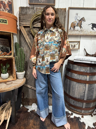 Cowboy Postcard Floral Flutter Sleeve Western Button Down - Barbwire n Bougie Boutique