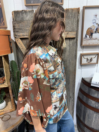 Cowboy Postcard Floral Flutter Sleeve Western Button Down - Barbwire n Bougie Boutique