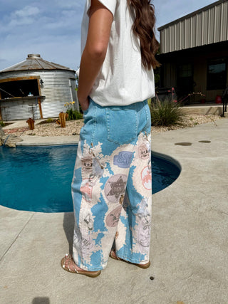 Cowboy Western Printed Barrel Jeans for Women | Vintage Rodeo Wide Leg Denim Pant - Barbwire n Bougie Boutique