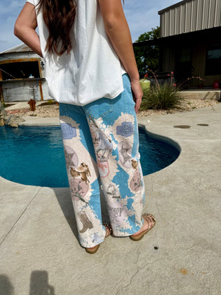 Cowboy Western Printed Barrel Jeans for Women | Vintage Rodeo Wide Leg Denim Pant - Barbwire n Bougie Boutique