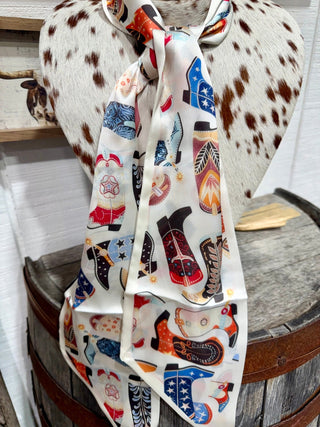 Cowgirl Boot Print Twilly Scarf | Western Silk Neck Scarf & Rodeo Accessory - Barbwire n Bougie Boutique